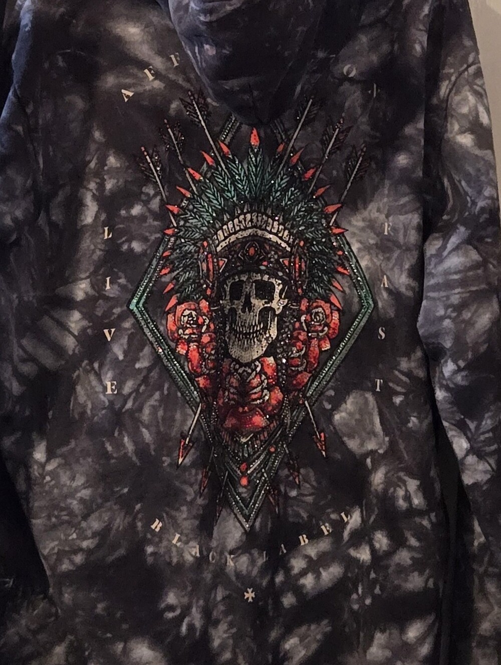 Affliction Men's Black Tie-Dye Crewneck  Hpodie with Red & Green Skull Graphic
